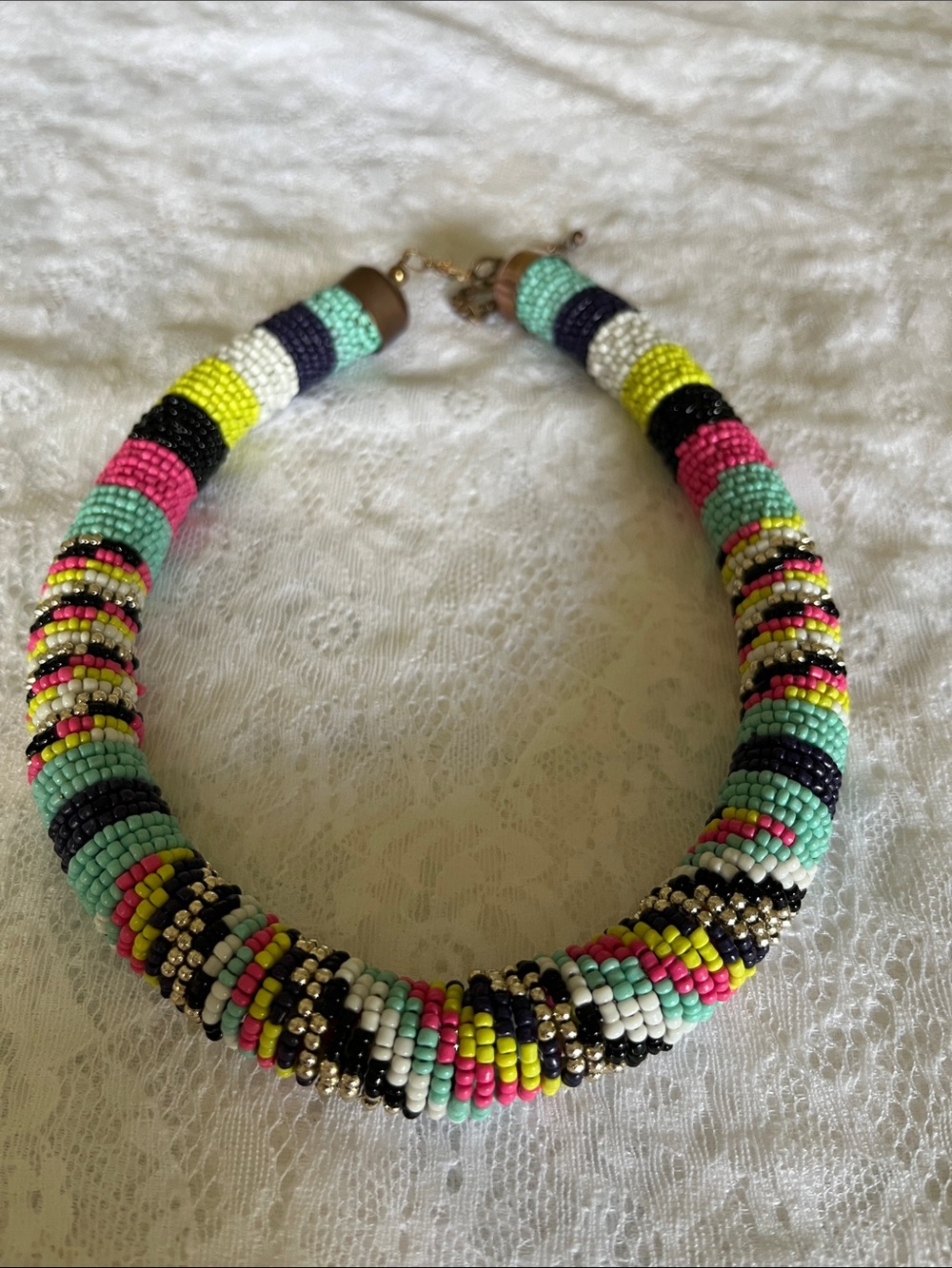 Beaded Multicolor Statement Necklace - Mint, Pink & Yellow